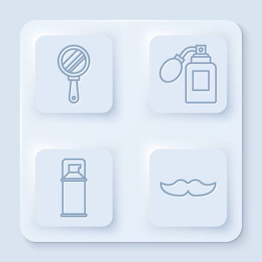 Hat aynası, atomla tıraş losyonu şişesi tıraş jeli köpüğü ve bıyık. Beyaz kare düğme. Vektör