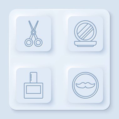 Çizgi makas kuaförü ayna, tıraş losyonu ve bıyıklı makyaj tozu. Beyaz kare düğme. Vektör