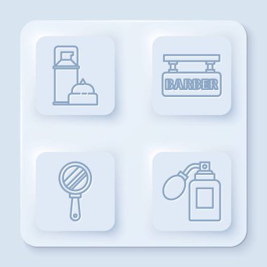 Tıraş köpüğü, berber dükkanı, el aynası ve atomla tıraş losyonu şişesi. Beyaz kare düğme. Vektör