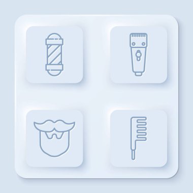 Klasik berber dükkânı direği, elektrikli saç kesme makinesi, tıraş makinesi, bıyık, sakal ve saç fırçası. Beyaz kare düğme. Vektör