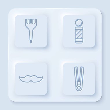 Saç fırçası, klasik berber dükkanı direği, saç için bıyık ve saç maşası. Beyaz kare düğme. Vektör