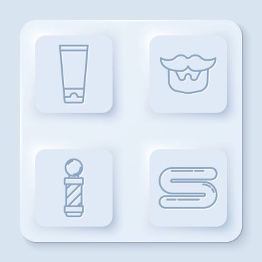 Krem ya da losyon kozmetik tüpü, bıyık ve sakal, klasik berber dükkânı direği ve havlu. Beyaz kare düğme. Vektör