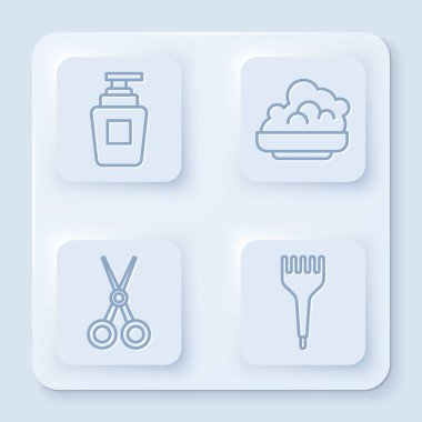 Bir şişe şampuan, tıraş köpüğü, makas kuaförü ve saç fırçası. Beyaz kare düğme. Vektör