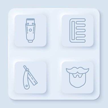 Tıraş makinesi, saç fırçası, jilet, bıyık ve sakal. Beyaz kare düğme. Vektör