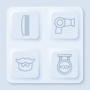 Saç fırçası, saç kurutma makinesi, bıyık, sakal ve berber dükkanı. Beyaz kare düğme. Vektör