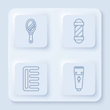 Çizgi El aynası, klasik berber dükkânı direği, saç fırçası ve elektrikli saç makası ya da traş makinesi. Beyaz kare düğme. Vektör