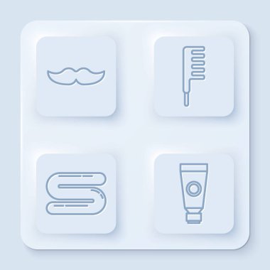 Sıra Bıyık, Saç fırçası, Havlu ve Krem veya Losyon kozmetik tüpü. Beyaz kare düğme. Vektör