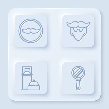 Bıyık, bıyık ve sakal, tıraş köpüğü ve el aynası. Beyaz kare düğme. Vektör