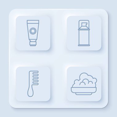 Krem ya da losyon kozmetik tüpü tıraş jeli köpüğü, saç fırçası ve tıraş jeli köpüğünü ayarlayın. Beyaz kare düğme. Vektör