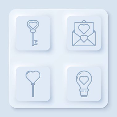 Hat anahtarını kalp şeklinde, Zarfı kalp şeklinde, balonları kalp şeklinde ve kalp şeklinde ampul şeklinde ayarlayın. Beyaz kare düğme. Vektör