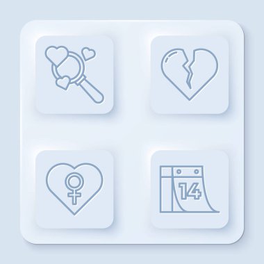 Hattı belirle. Gönül ve aşk, kırık kalp ya da boşanma, kadın cinsiyetli kalp ve 14 Şubat takvimi. Beyaz kare düğme. Vektör