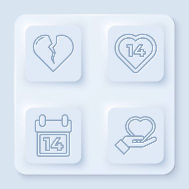 Kırık kalp ya da boşanma, Heart, Takvim, 14 Şubat ve Heart hazırda bekliyor. Beyaz kare düğme. Vektör