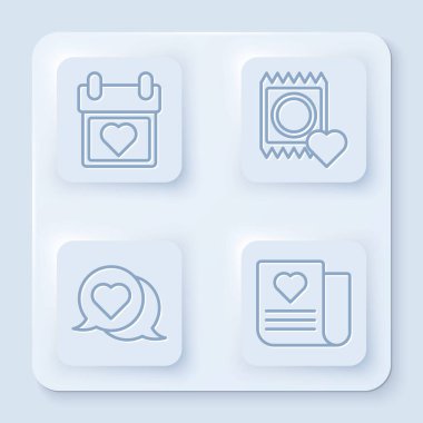 Takvimi kalple, prezervatifi paketle, kalbi konuşma baloncuğuyla ve zarfı sevgililer günü kalbiyle ayarla. Beyaz kare düğme. Vektör