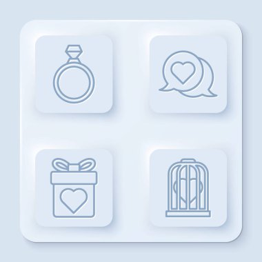 Elmas nişan yüzüğü, konuşma balonunda kalp, kuş kafesinde kalp ve kalp olan hediye kutusu. Beyaz kare düğme. Vektör