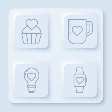 Saati kalp şeklinde düğün pastası, kahve fincanı ve kalp şeklinde ampul ve kalp şeklinde orta kol saati şeklinde. Beyaz kare düğme. Vektör