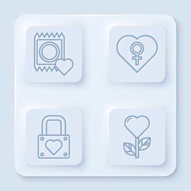 Kondomu pakete koyun, kalp ve kadın cinsiyeti, kilit ve kalp şeklinde bir çiçek. Beyaz kare düğme. Vektör