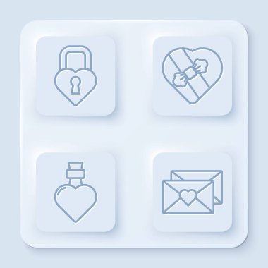 Castle 'ı kalp şeklinde ayarla Candy' yi kalp şeklinde bir kutuya koy aşk iksiriyle şişeyi ve sevgililer günü kalbiyle zarfı. Beyaz kare düğme. Vektör