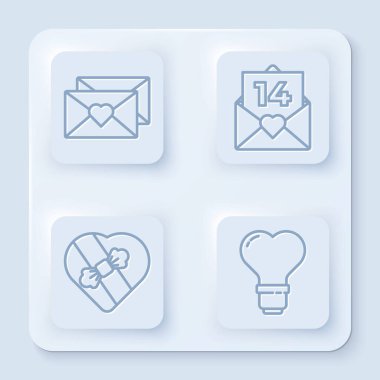 Zarfı sevgililer günü kalbiyle, zarfı sevgililer günü kalbiyle kalp şeklindeki şekeri ve kalp şeklindeki ampulü ile ayarla. Beyaz kare düğme. Vektör