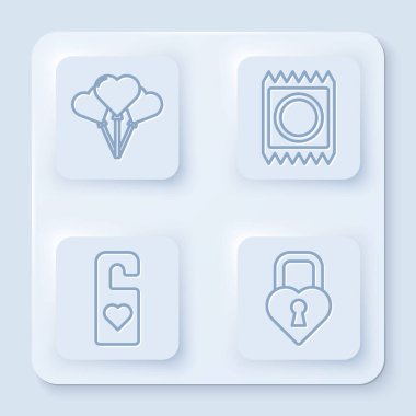 Balonları kalp şeklinde, prezervatifleri paket halinde dizin lütfen kalp ve Castle 'ı kalp şeklinde rahatsız etmeyin. Beyaz kare düğme. Vektör