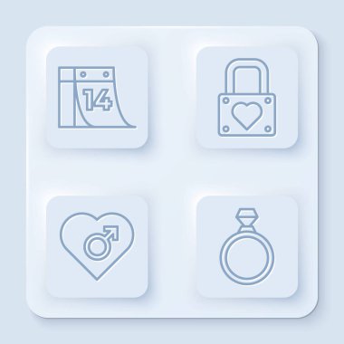 Takvimi 14 Şubat 'a ayarla, Kilit ve Kalp, Erkek cinsiyetli Kalp ve Elmas nişan yüzüğü. Beyaz kare düğme. Vektör