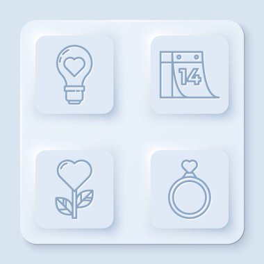 Ampul şeklinde bir çizgi, 14 Şubat takvimi, çiçek şeklinde bir kalp ve alyans. Beyaz kare düğme. Vektör