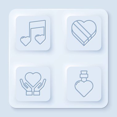 Satır notası, kalp şeklinde ton, kalp şeklinde kutu şekeri elinde kalp ve aşk iksiriyle şişe. Beyaz kare düğme. Vektör