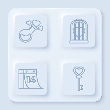 Aşk iksiri dolu bir şişe, kuş kafesinde bir kalp, 14 Şubat takvimi ve kalp şeklinde bir anahtar. Beyaz kare düğme. Vektör