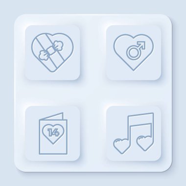 Candy 'yi kalp şeklinde bir kutuya, kalbi erkek cinsiyeti olan bir kalbe, sevgililer günü broşürüne kalbi ve notası olan bir notaya, kalbi olan bir tona ayarla. Beyaz kare düğme. Vektör