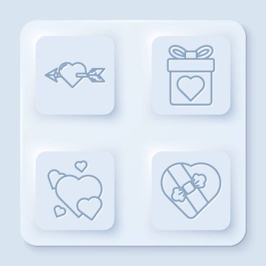 Kalp ve okla Amour 'u, yürek ve kalp ile hediye kutusunu, kalp şeklinde kalp ve şeker kutusunu ayarla. Beyaz kare düğme. Vektör