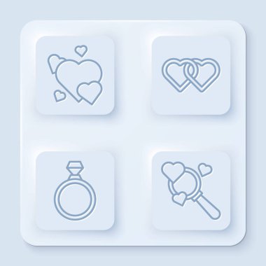 Set çizgisi, İki Bağlı Kalp, Elmas nişan yüzüğü ve Arama kalbi ve aşk. Beyaz kare düğme. Vektör