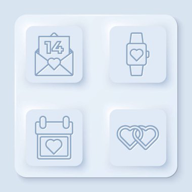 Zarfı sevgililer günü kalbiyle, kalbi kol saatiyle, takvimi kalple ve iki kalple ayarla. Beyaz kare düğme. Vektör