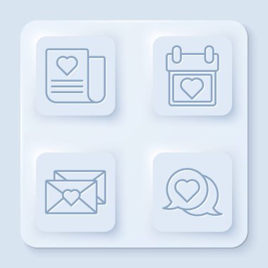 Zarfı sevgililer günü kalbiyle, takvimi kalbiyle, zarfı sevgililer günü kalbiyle ve kalbi konuşma baloncuğuyla ayarla. Beyaz kare düğme. Vektör