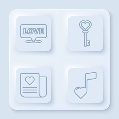Konuşma baloncuğunu metin sevgisiyle ayarlayın, anahtar kalp şeklinde, Zarfı sevgililer günü kalbiyle ve müzik notasıyla, tonu kalplerle ayarlayın. Beyaz kare düğme. Vektör