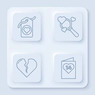 Kalp etiketi, arama kalbi ve aşk, kırık kalp ya da boşanma ve sevgililer günü broşürü. Beyaz kare düğme. Vektör