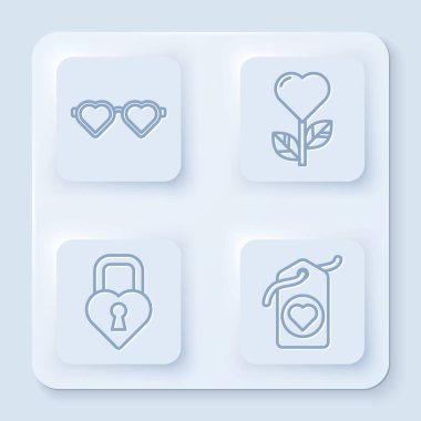 Sabit çizgi, aşk bardakları, çiçek şeklinde kalp, kalp ve kalp şeklinde Castle. Beyaz kare düğme. Vektör