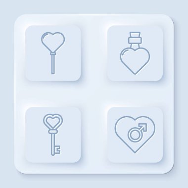 Balonları kalp şeklinde dizin, aşk iksiriyle şişelenmiş, kalp şeklinde anahtar ve erkek cinsiyetli kalp. Beyaz kare düğme. Vektör