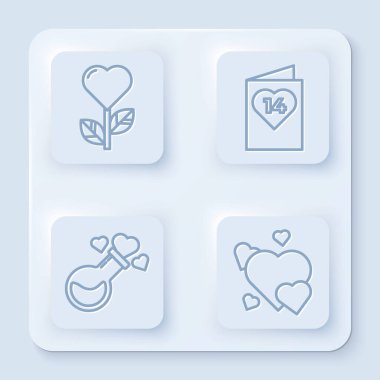 Kalp şeklinde çiçek, Sevgililer Günü broşürü, aşk iksiri ve kalp dolu bir şişe. Beyaz kare düğme. Vektör