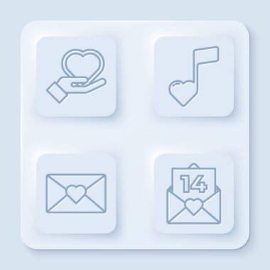 Sabit çizgi, nota, kalplerle ton, sevgililer günü kalbiyle zarf ve sevgililer günü kalbiyle zarf. Beyaz kare düğme. Vektör