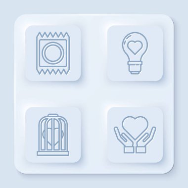 Kondomu pakete koyun, kalp şeklinde ampul, kalp, kuş kafesinde ve kalp hazır. Beyaz kare düğme. Vektör