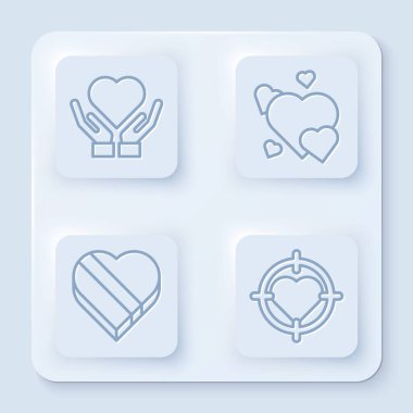 Kalp, Kalp, Şeker kalp şeklindeki kutuda ve Kalp dartların tam ortasına nişan al. Beyaz kare düğme. Vektör