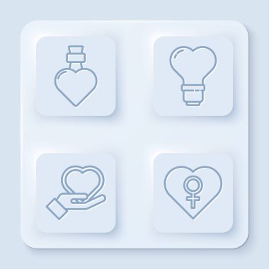 Aşk iksiri şişesi, ampul şeklinde kalp, elinde kalp ve kadın cinsiyeti olan kalp. Beyaz kare düğme. Vektör