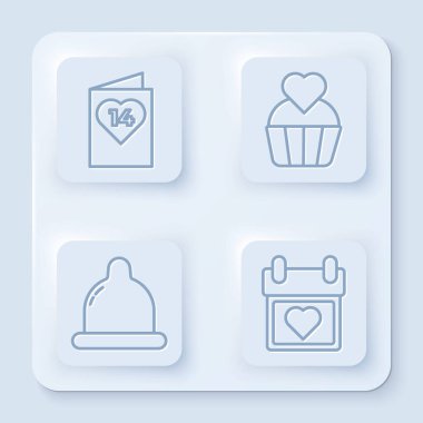 Kalpli sevgililer günü ilanı, yürekli düğün pastası, yürekli prezervatif ve yürekli takvim. Beyaz kare düğme. Vektör