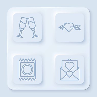 Şampanya kadehi, kalp ve okla Amour pakette prezervatif ve sevgililer günü kalbiyle zarf. Beyaz kare düğme. Vektör