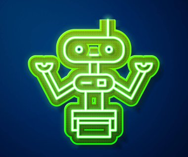 Parlayan neon çizgisi robot simgesi mavi arkaplanda izole edildi. Vektör İllüstrasyonu