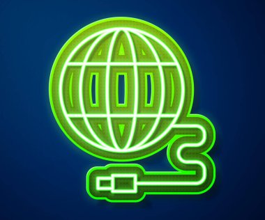 Parlayan neon hattı Global teknoloji veya sosyal ağ simgesi mavi arka planda izole edildi. Vektör İllüstrasyonu