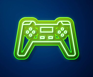 Parlayan neon hattı Gamepad simgesi mavi arkaplanda izole edildi. Oyun kontrolörü. Vektör İllüstrasyonu