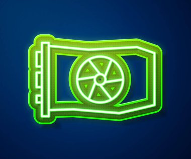 Parlayan neon hattı Video grafik kartı simgesi mavi arkaplanda izole edildi. Vektör İllüstrasyonu