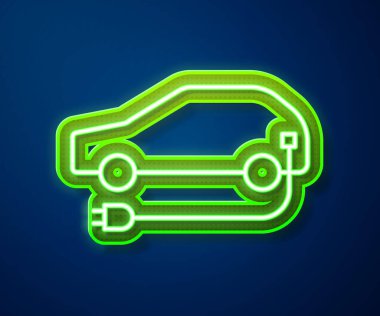 Parlak neon hattı elektrikli araba ve elektrik kablosu şarj ikonu mavi arka planda izole edildi. Yenilenebilir ekolojik teknolojiler. Vektör İllüstrasyonu