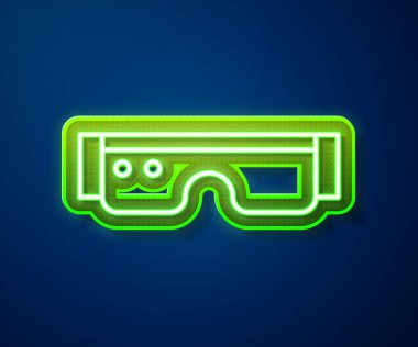 Parlayan neon hattı mavi arkaplanda izole edilmiş gözlük simgesine yerleştirilmiş akıllı gözlükler. Giyilebilir elektronik, akıllı gözlüklü, kameralı ve ekranlı. Vektör İllüstrasyonu