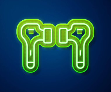 Parlayan neon hattı kulaklık ikonu mavi arka planda izole edildi. Kulaklıklar için kablosuz cihaz. Elektronik cihazlar. Vektör İllüstrasyonu